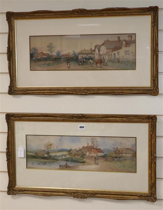 Will Anderson, pair of watercolours, Village scenes with timber cart and angler, signed, 17 x 54cm